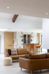 Ligna oak kitchen viewed from the adjoining dining and living space